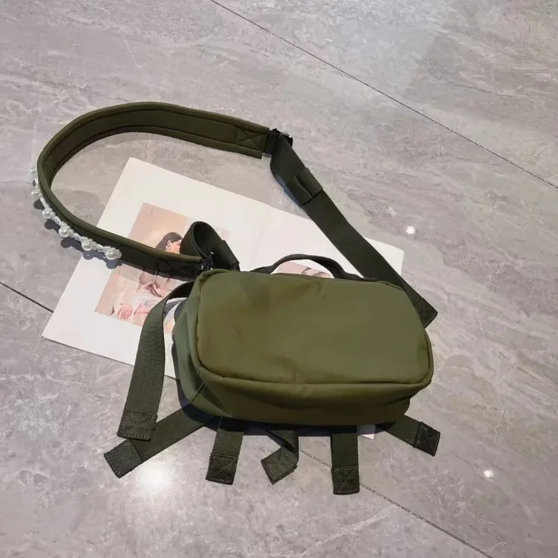 Stylish Multi-pocket One-shoulder Oblique Straddle Bag Cute Cloth Bag with Small Pearl Satin Bow Jewelry  Casual Versatile Bag