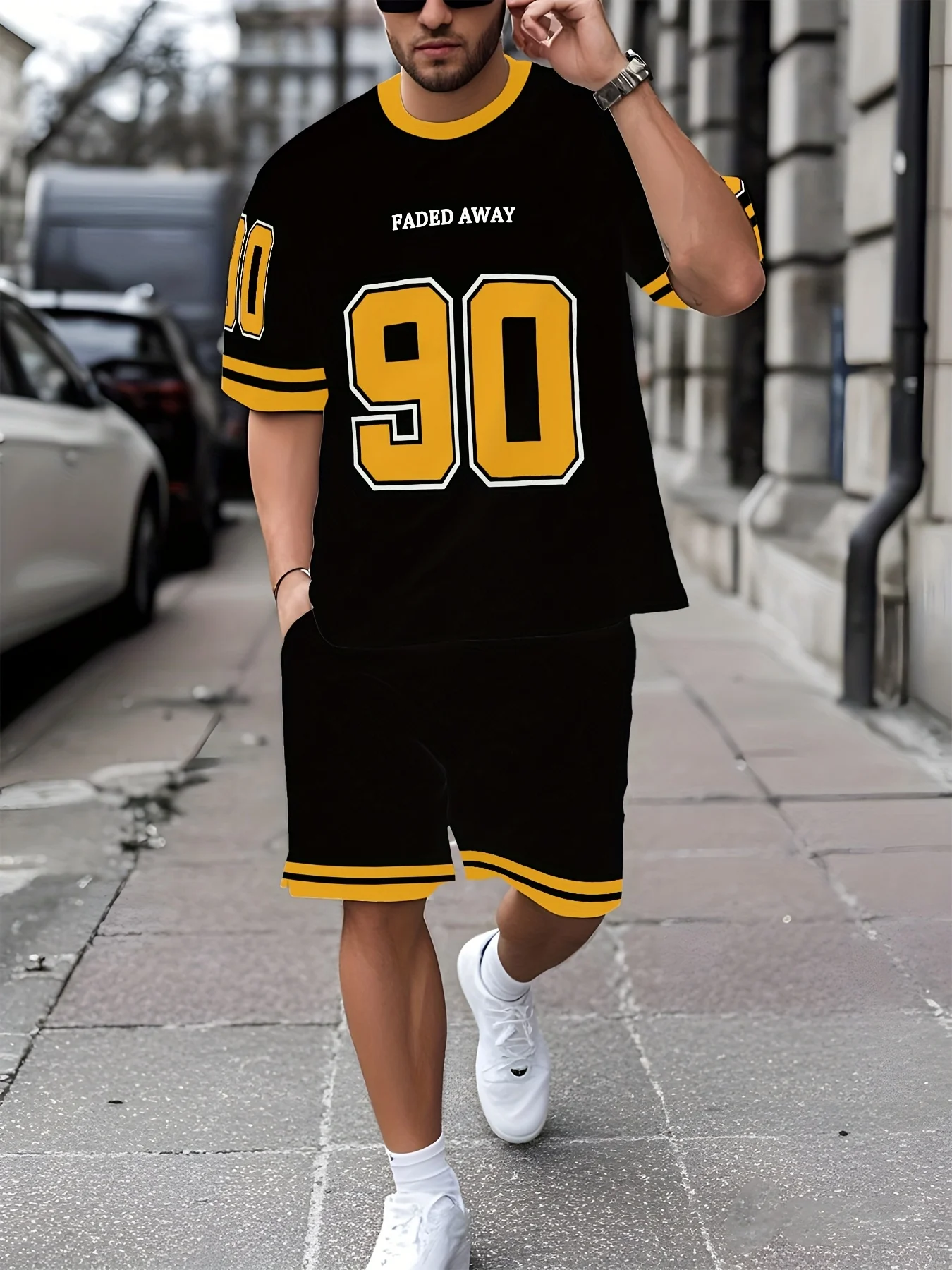 

American men's summer striped digital print comfortable breathable round neck T-shirt drawstring shorts set outdoor streetwear