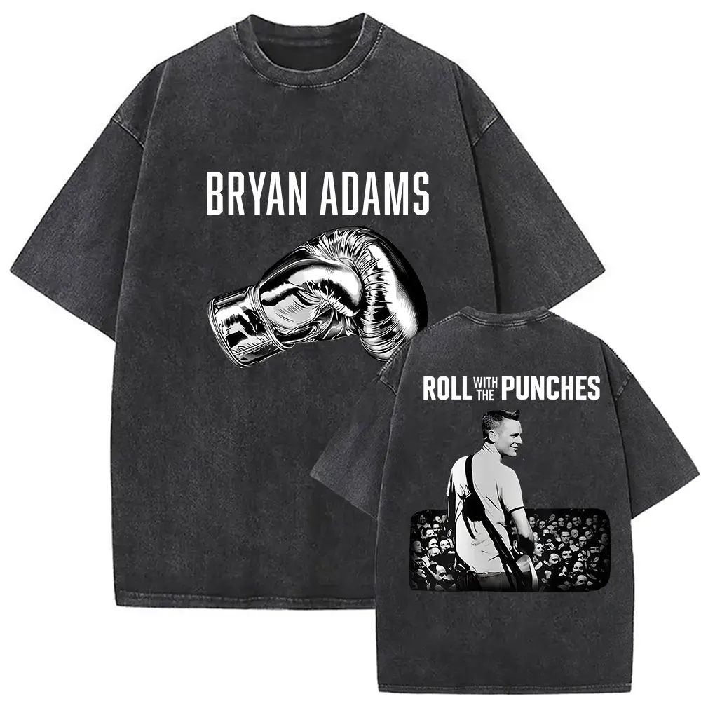 Bryan Adams Roll with The Punches Tour 2027 Vintage Washed T Shirts Men's Hip Hop Rock Band Punk Short Sleeve T-shirt Streetwear