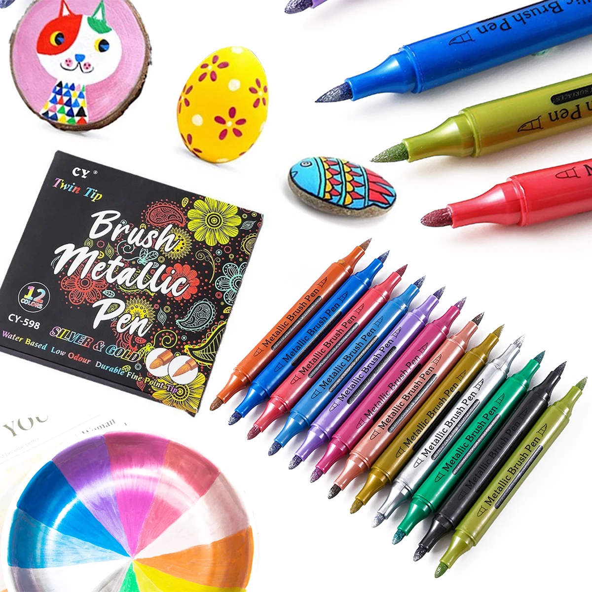 

12pcs Dual Tip Chrome Pen Marker Metallic Color Mirror Markers Soft/Hard Nib For Rock Ceramic Glass Metallic