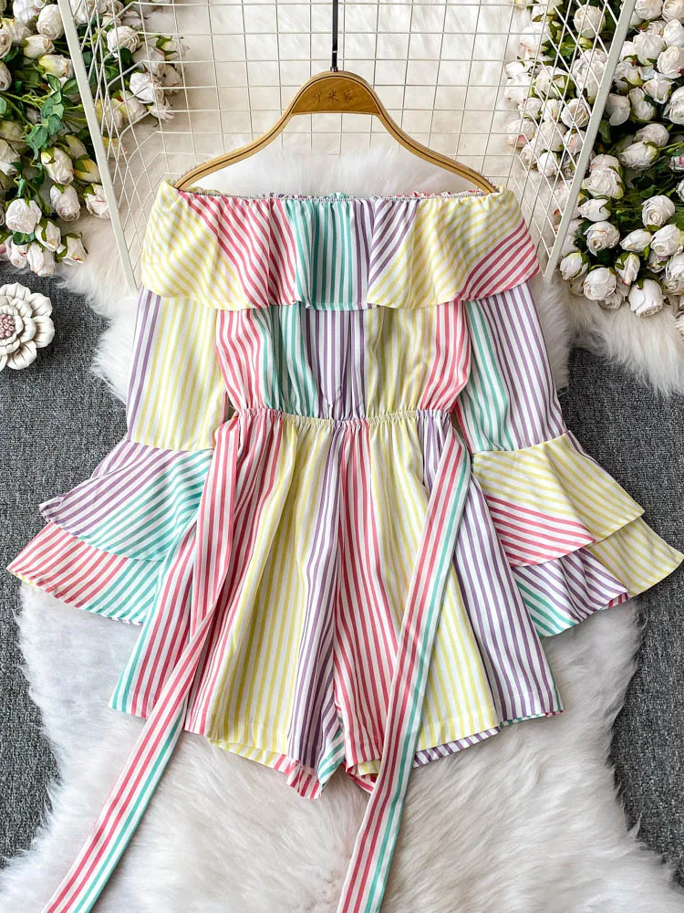 

Slimming Wide Leg Pants One oulder Tie Waist Long Sve Women's Jumpsuit Summer Faionable Striped Bell Sve Jumpsuit