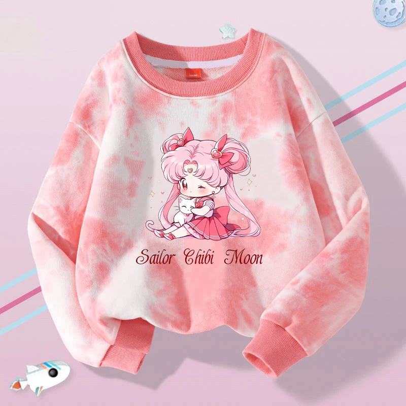 Sailor Moons für Mädchen Sweatshirt Kleidung Anime Cartoon Kawaii Tie-Dye Pullover Langarm Geburtstagsfeier Urlaub Kindergeschenke