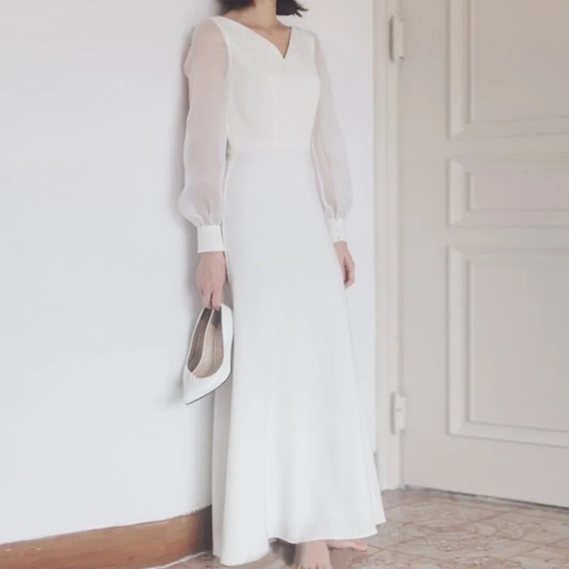 Robe de Mariée Blanche à Manches sulfet Col en V pour Femme, Tenue Formelle Simple et Élégante de Style Français pour Banquet