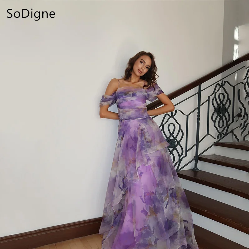 

SoDigne Fairy Purple Print Evening Dresses A-Line Level Floor-Length Party Dress Spaghtii Strap Pleat Prom Gowns Customized