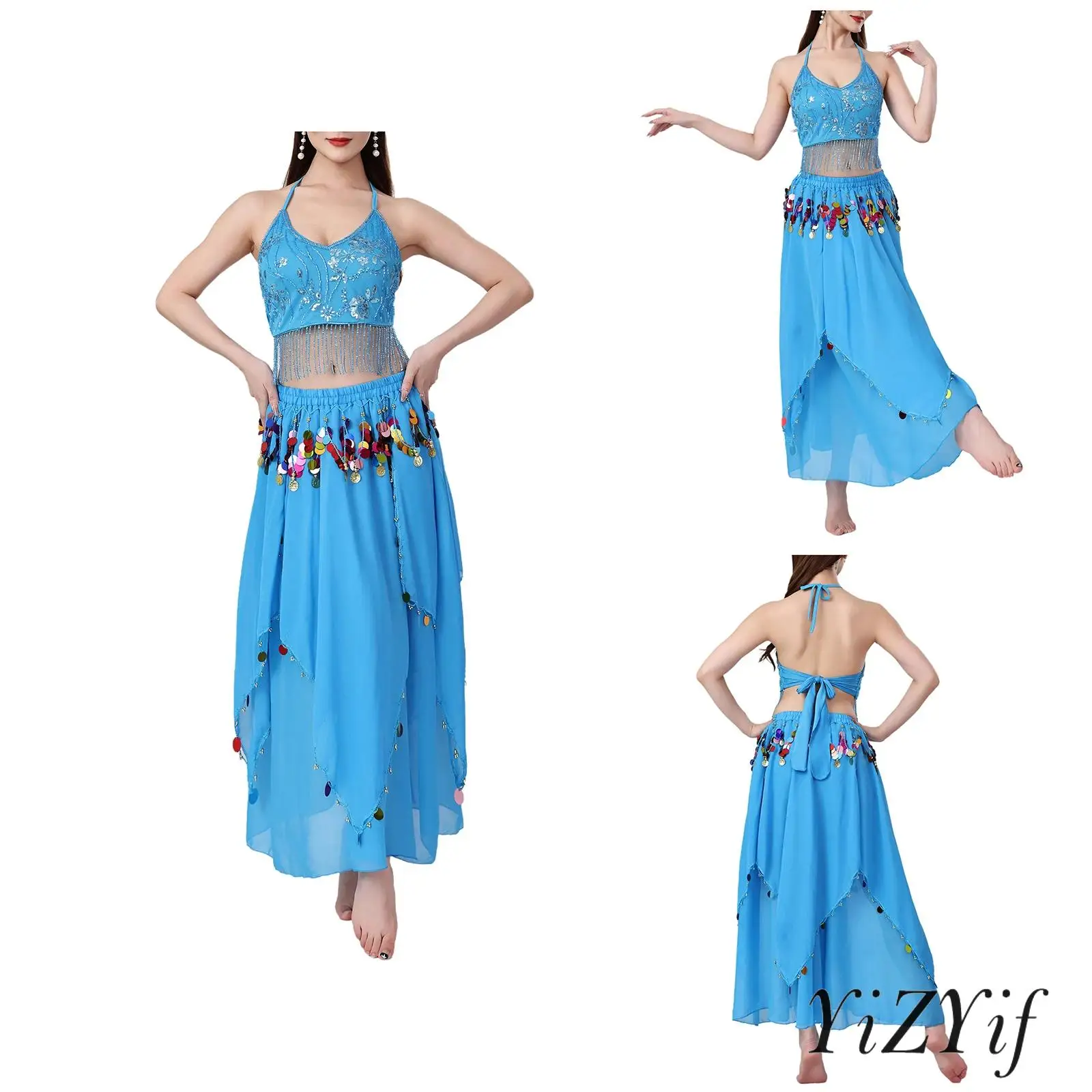 

Adult Womens Lyrical Belly Dance Practice Wear Embroidered Crop Top with Irregular Hem Skirt for Modern Folk Dance Performance