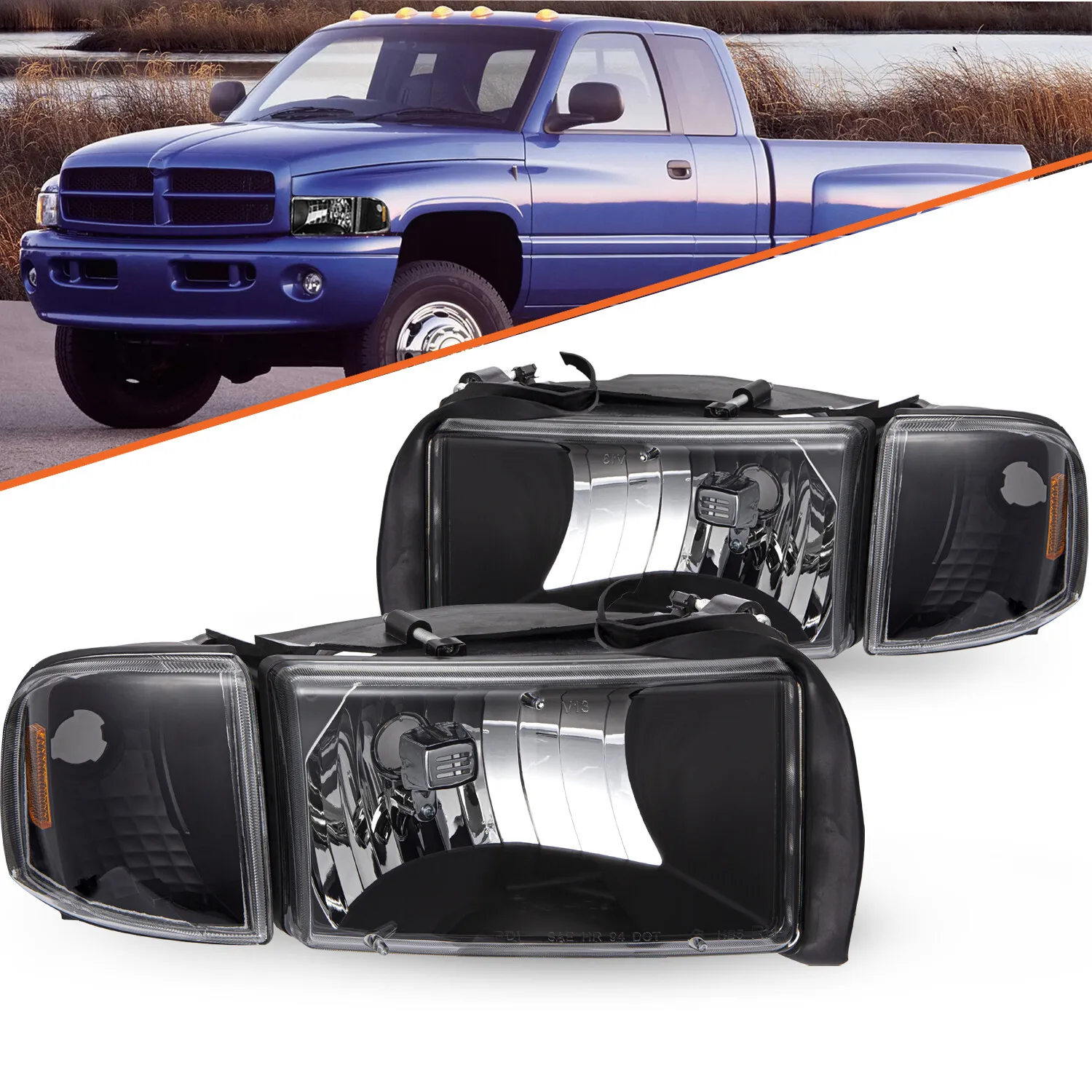 

Pair for 1994-2002 Dodge Ram Headlights 1500 2500 3500 Black Headlamp Left+Right
