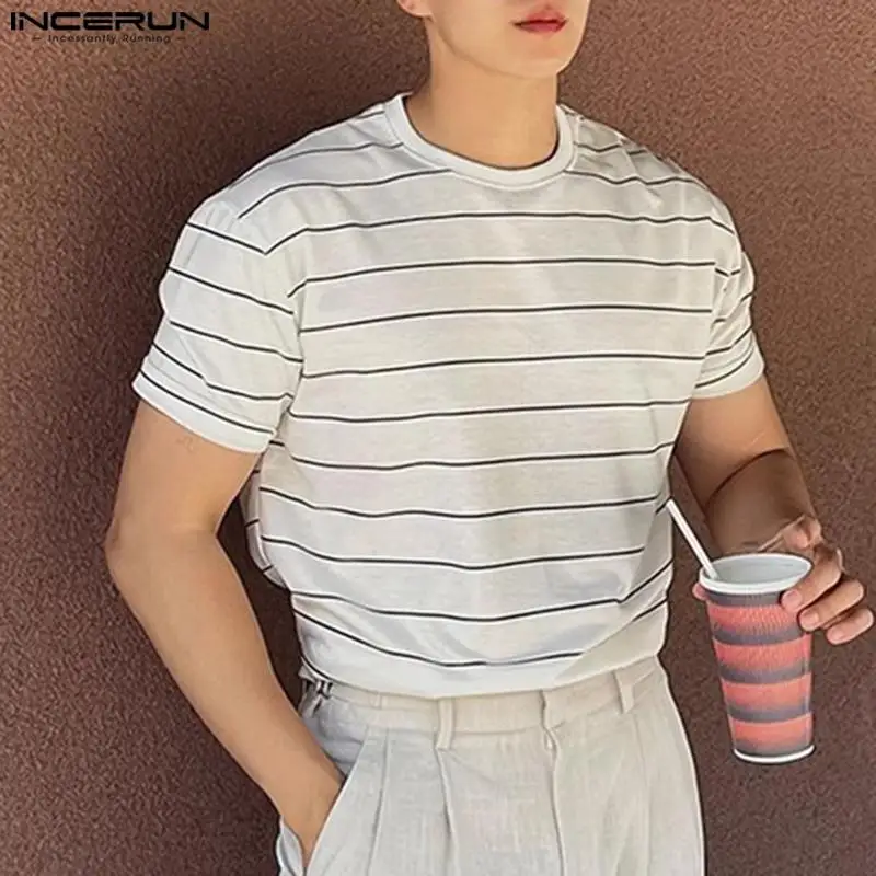 INCERUN Men Striped T Shirt O-neck Short Sleeve Summer Casual Male Tee Tops Streetwear Korean Style 2024 Fashion Men Clothing