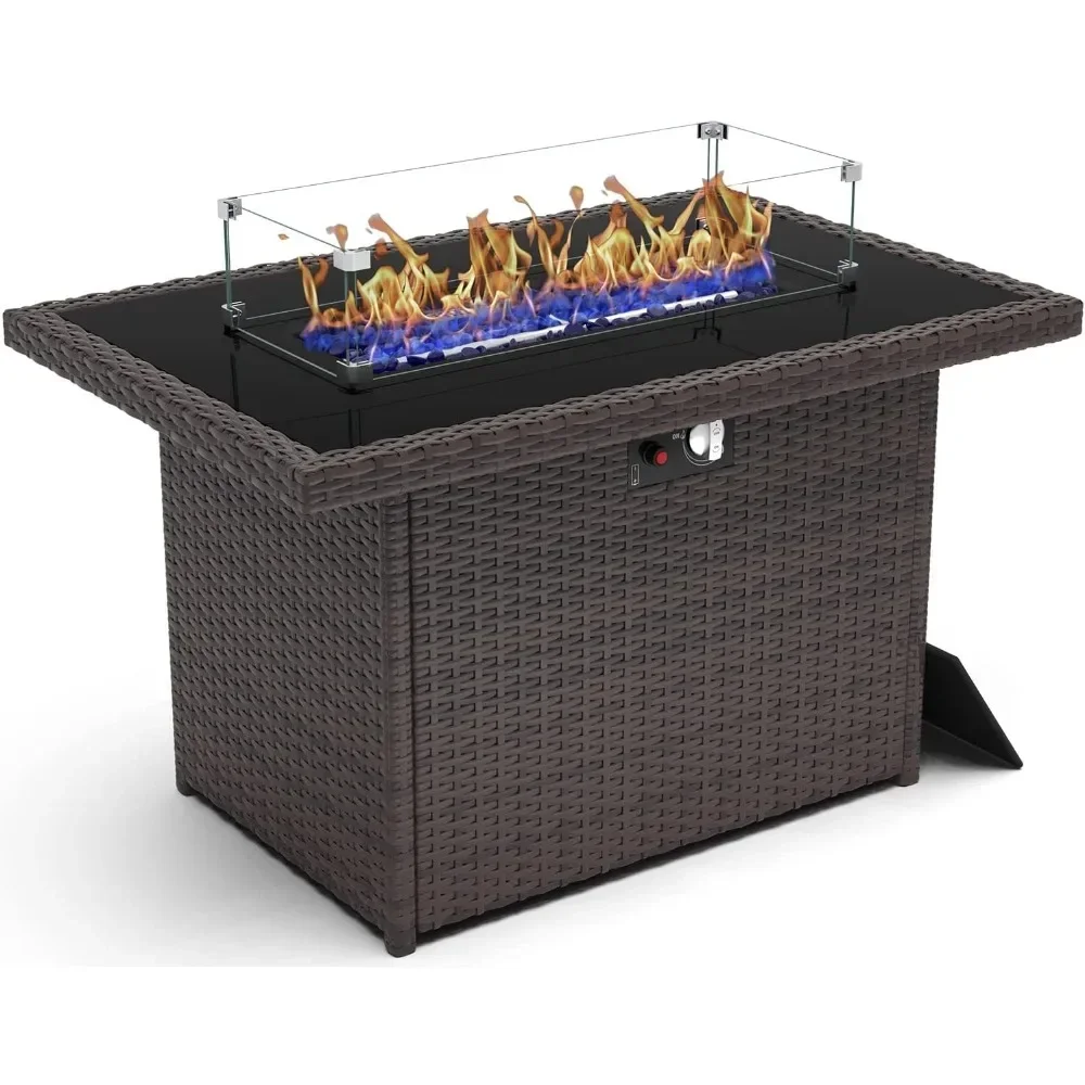 44 Inch Propane Gas Fire Pits Table for Outside Patio,60000 BTU Rectangular Outdoor Wicker Rattan Fire Pit with Glass Wind Guard