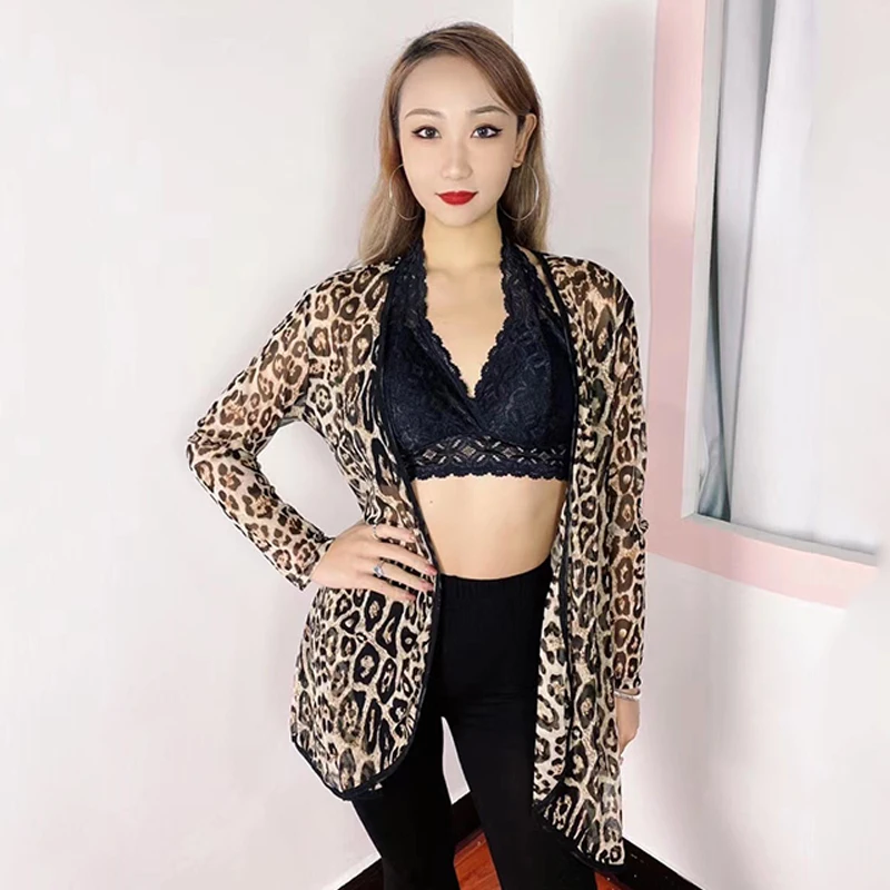 Black/Leopard Mesh Latin Dance Cardigan Long Sleeves Tops Coat Lace Bra Women Dancing Outfit Rumba Ballroom Dance Clothes BL8938