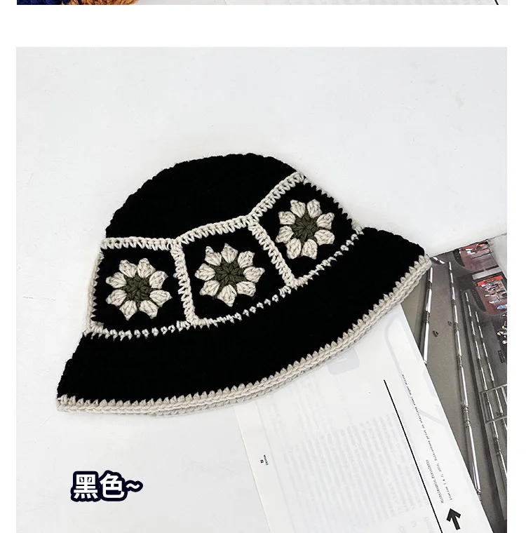 2025 herbst Neue Häkeln Koreanische Handgemachte Eimer Hut Frauen Weben Gestrickte Hut Y2k Mode Blumen Herbst Winter Mützen Becken Kappe – Detail 9