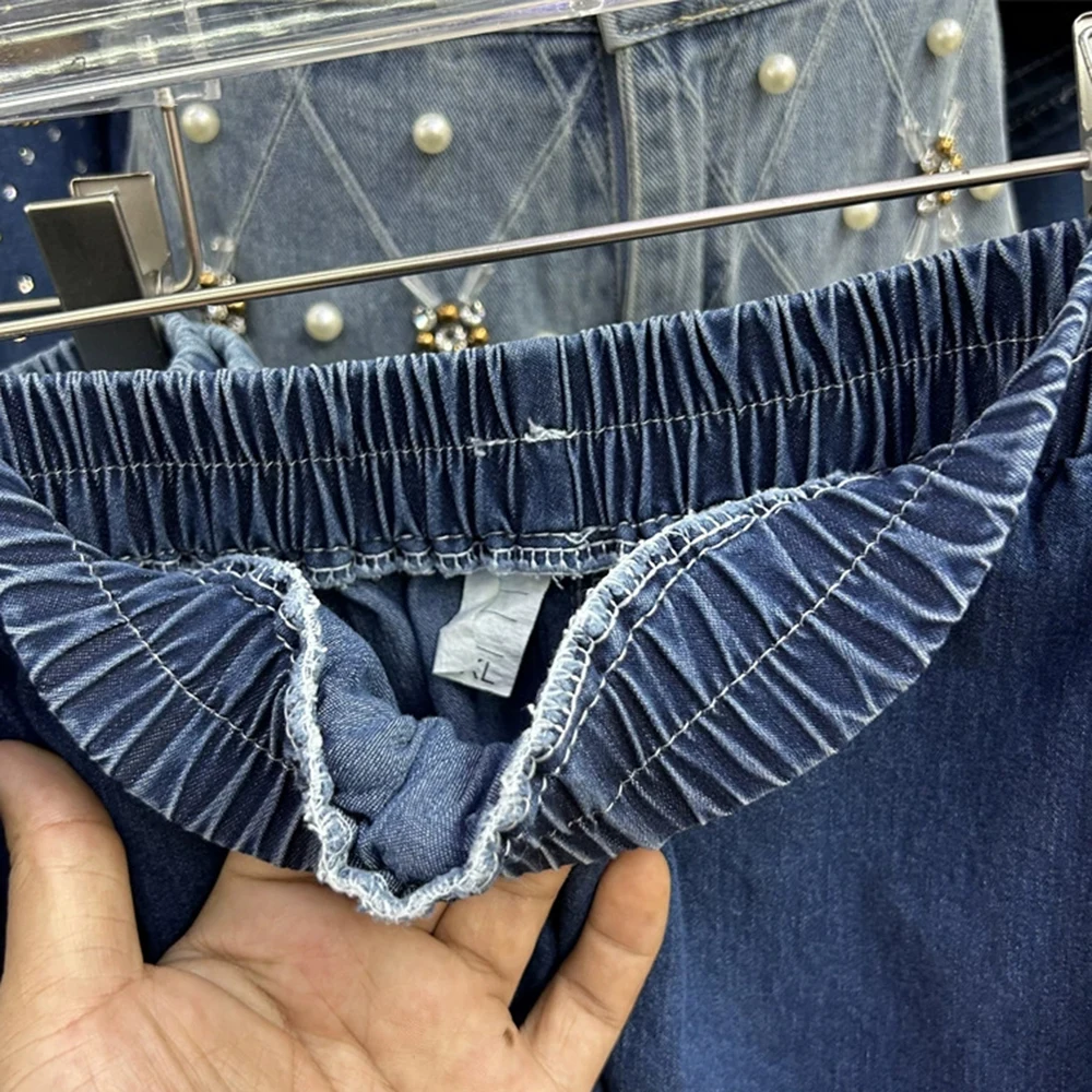 Camisa vaquera holgada con corazón de amor + falda vaquera con cintura elástica y diamantes de imitación, conjunto de dos piezas-GZTZ093