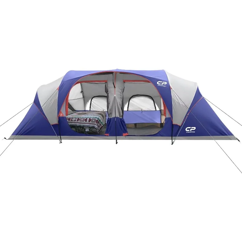 ^12 Person Camping Tent, 3-Room Family Tent, Rainfly, Waterproof | Windproof double-layer design with 2 divider curtains, 6