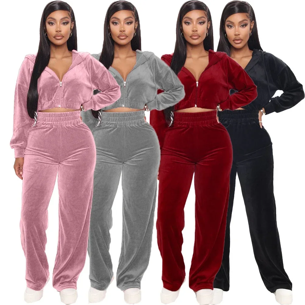 

2023 Women's Spring/Fall Tracksuit Velour Suit Hoodies Velvet Zipper Sweatshirt And Pants Set Sportswear Crop Top Matching Suits