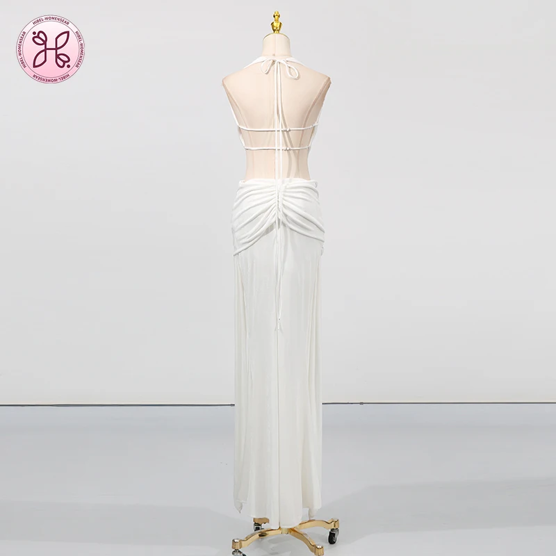 Solid Spliced Backless Bodycon Dresses for Women Halter Neck Sleeveless Patchwork Sheer Sexy Folds Evening Midi Dress Female