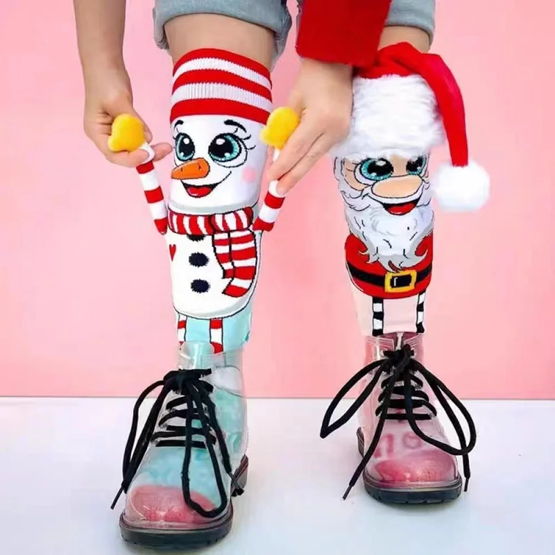 Fun Christmas Knee High Socks Santa and Snowman Novelty Women's Cozy Slipper Socks for Girls Women Fluffy Socks Christmas Gifts