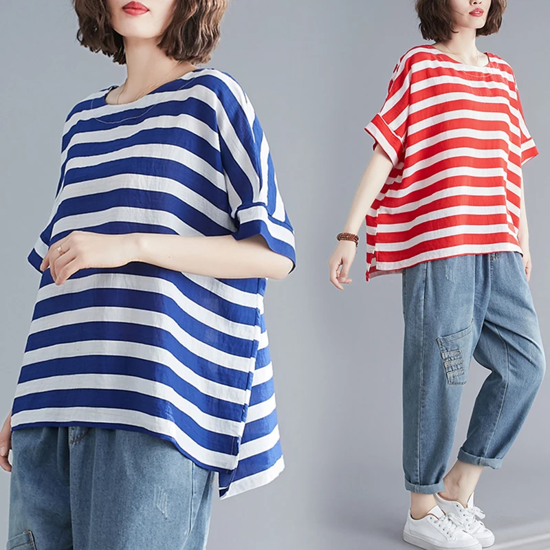 

Large Size Women's Cotton Linen T-irt Asymmetric Batwing Sve Striped Print Loose Top for plus Size Faion Ladies