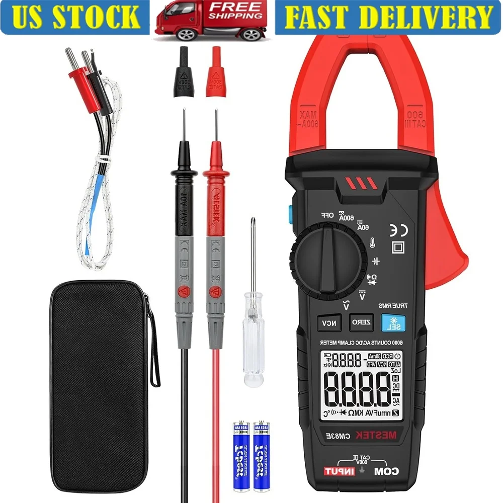 

T-RMS Digital Clamp Meter 6000 Counts Non-Contact Voltage Tester Auto-ranging AC DC Current Voltage Temperature with LED