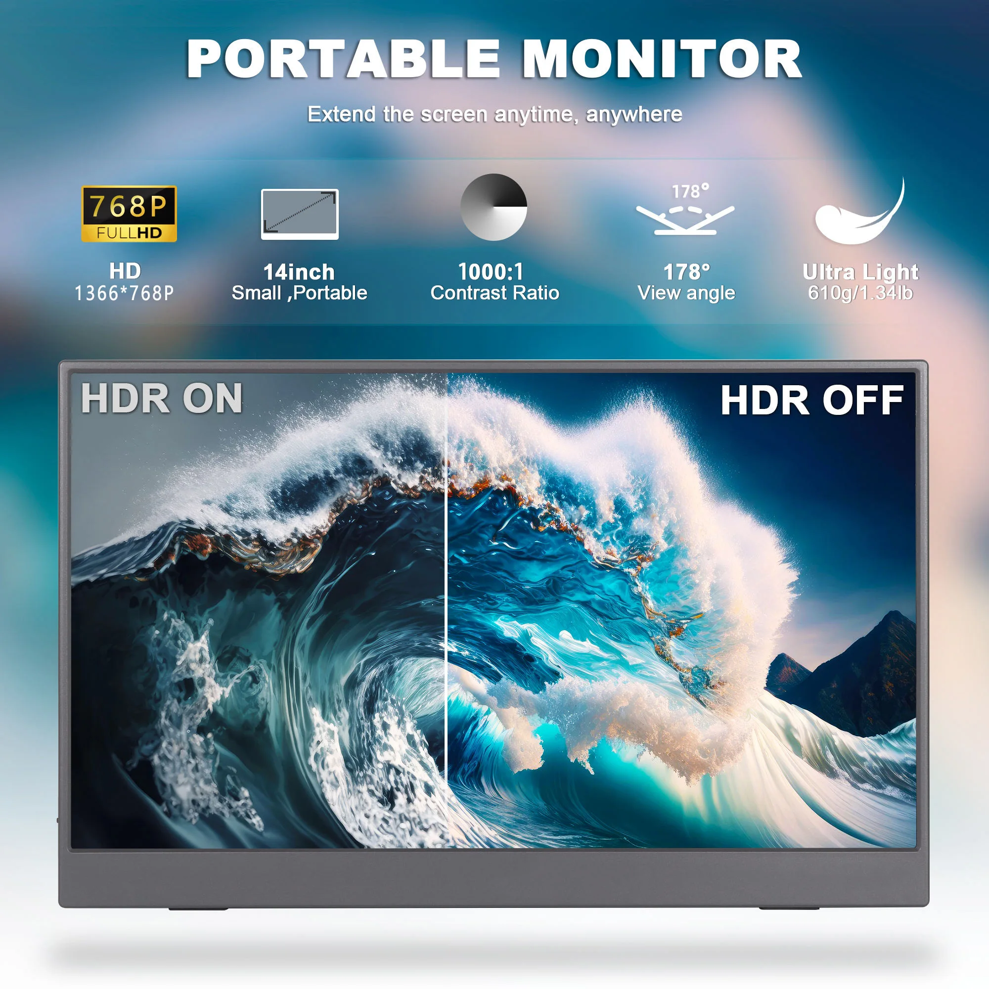 AHXJKA 14 Inch 60Hz Portable Monitor IPS 1366*768 HD 72%sRGB Ultra Slim Extended Display for Laptop Phone PS4/5 PC  Game Console