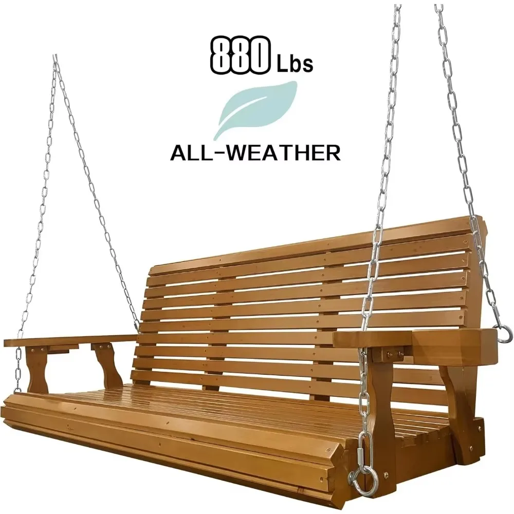 Wooden porch swing 3 seater, bench swing with cup holder, hanging chain and 7mm spring for outdoor patio garden patio