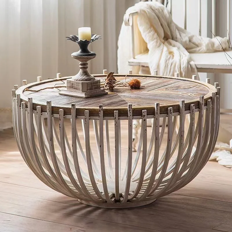 American vintage rattan woven round coffee table creative small round table with iron base sofa side table for living room