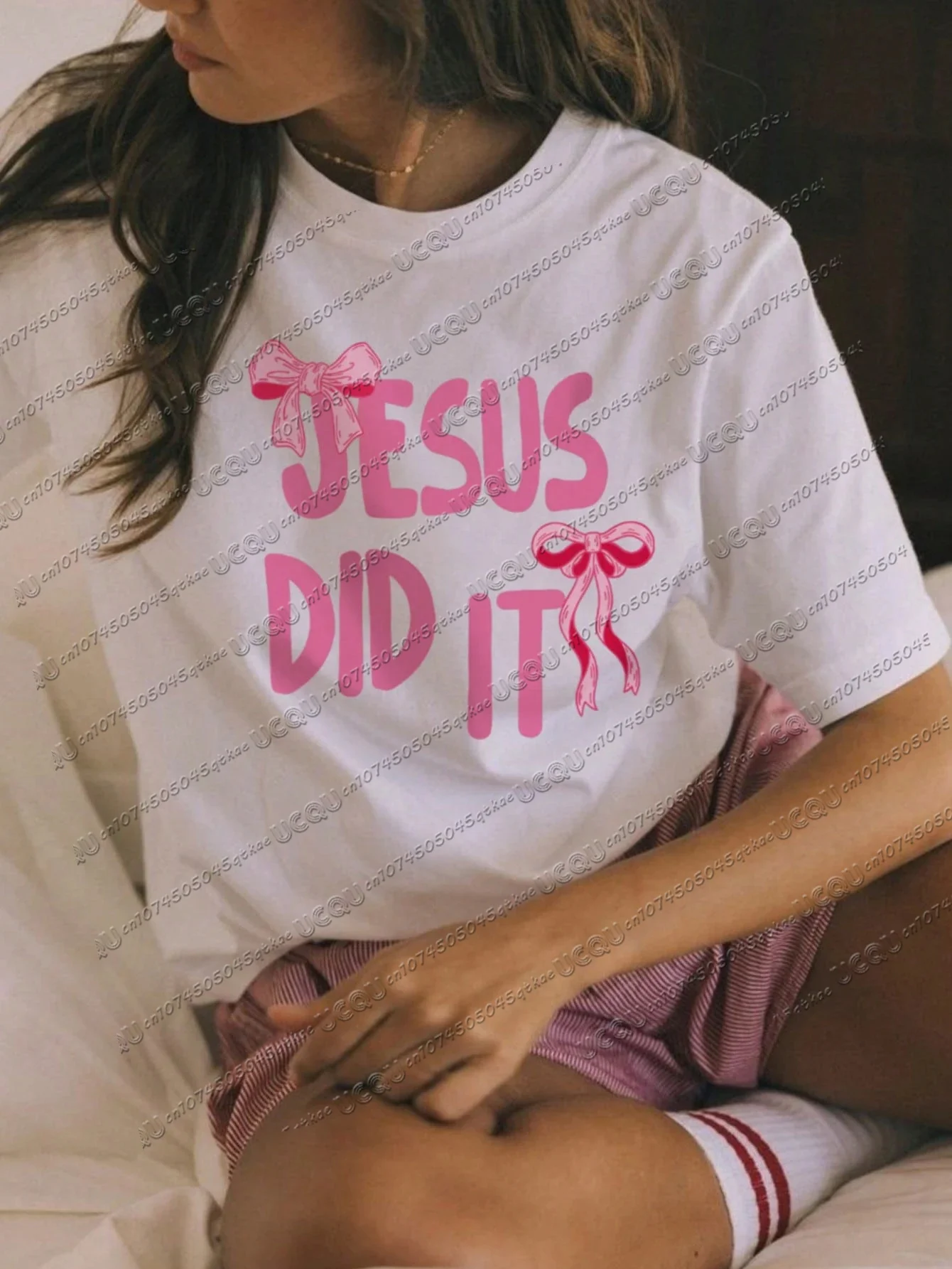 

Women's Summer Casual Colorful Letter Jesus Did It Simple Bow Printed Pattern Round Neck T-Shirt Fashionable&Versatile Top