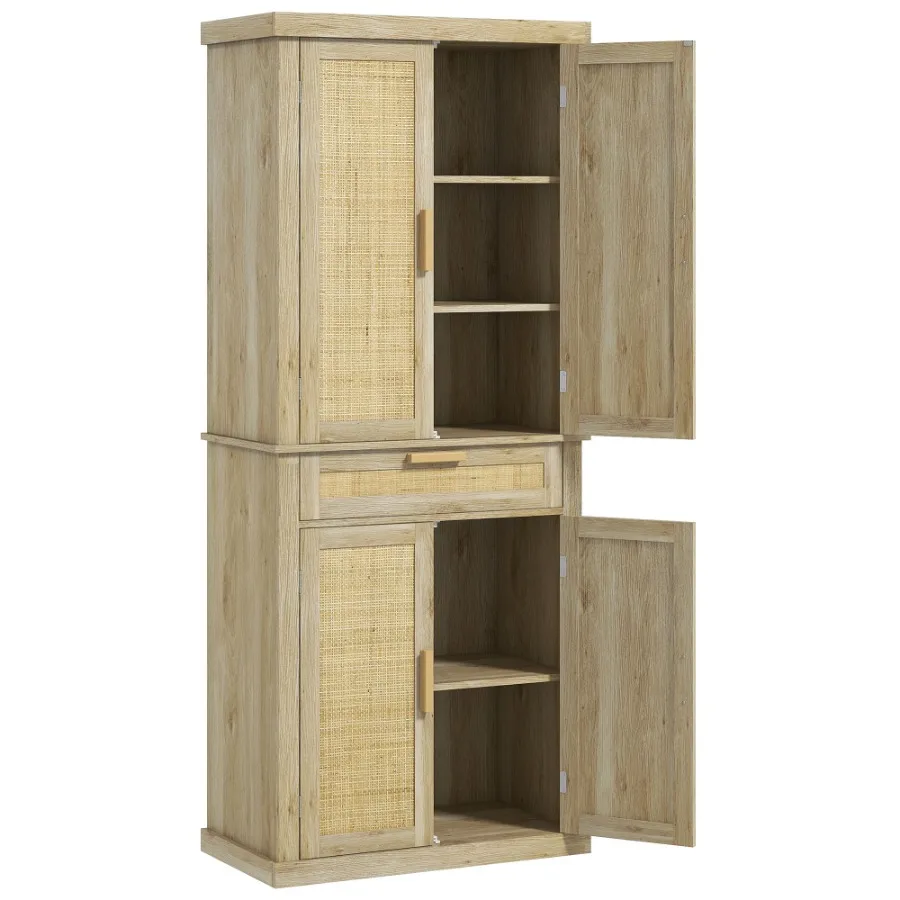 

HOMCOM 72 Kitchen Pantry Storage Cabinet with Rattan Doors Drawer 5Tier Shelf and Adjustable Shelves Oak
