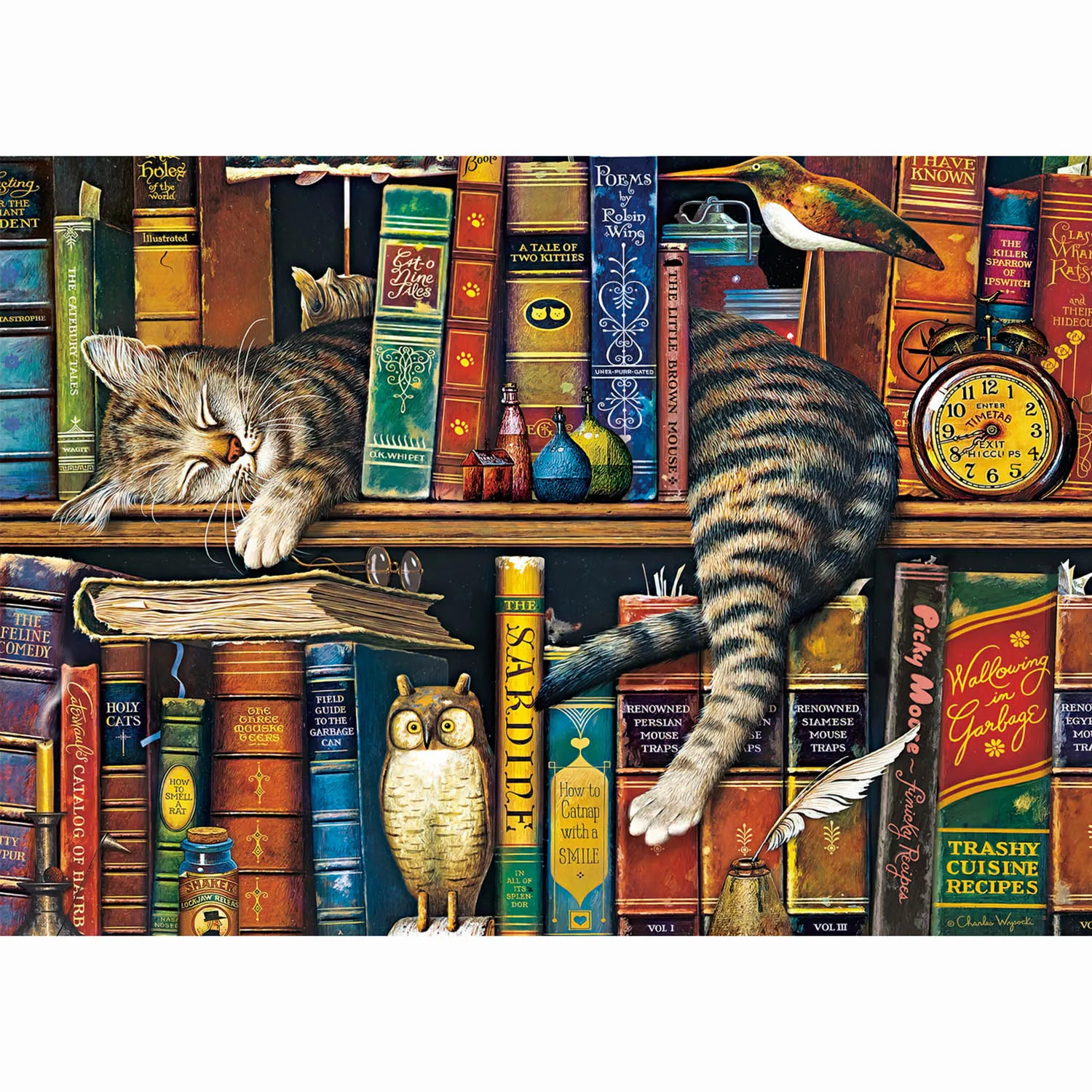 Sleeping Tabby Cat Vintage Bookshelf Owl Bird Antique Book Oil Painting Jigsaw Puzzle 500-2000Pcs Cute Pet Library Scene Puzzle