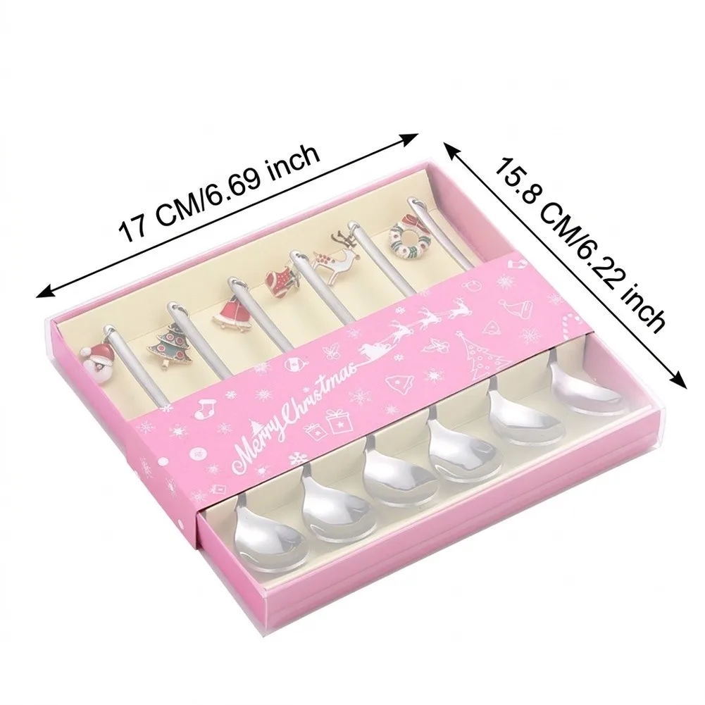 Stainless Steel Coffee Spoon Set 6 Count Featuring Rust-Resistant Construction and Festive Pendant Charm Design