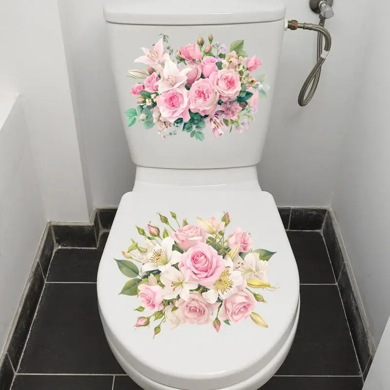1 Set Flower Pattern Toilet Stickers Self-Adhesive Removable PVC Waterproof Bathroom Wall Decor Stickers