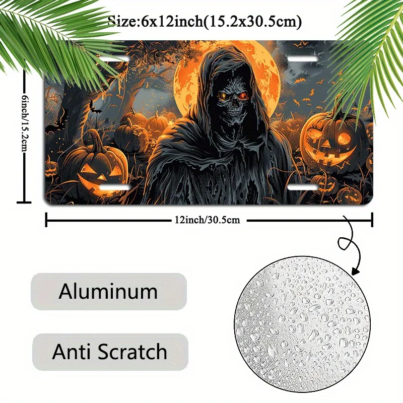 2D Flat, 1pc Death And Pumpkin Novelty Aluminum License Plate- Durable Car Accessory, 15.24X30.48cm