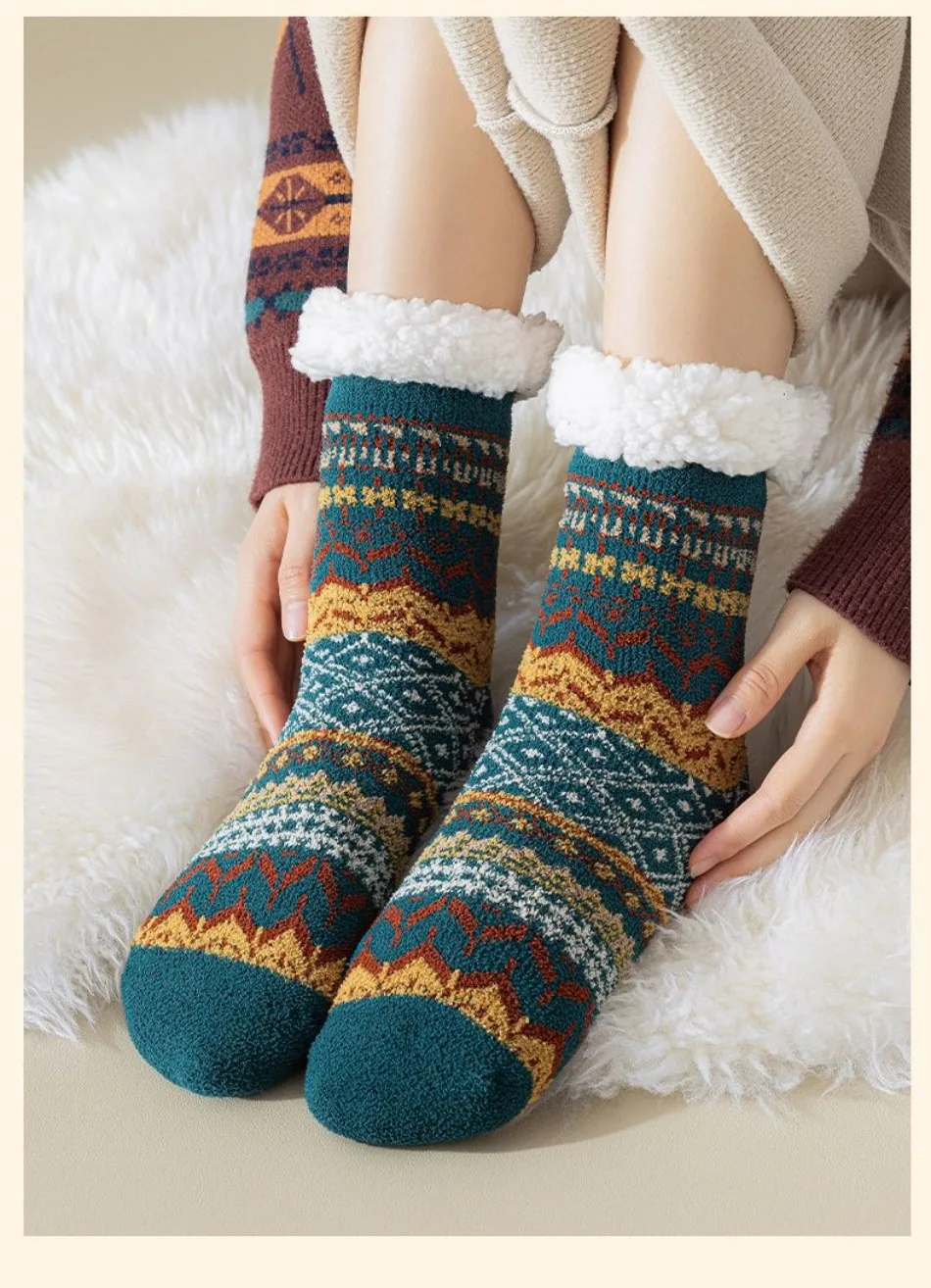 Bodensocken aus Lammwolle, Herbst und Winter, Fleece, verdickt, warm, rutschfest, Silikon, Heimsocken, Röhrensocken im Ethno-Stil – Detail 6