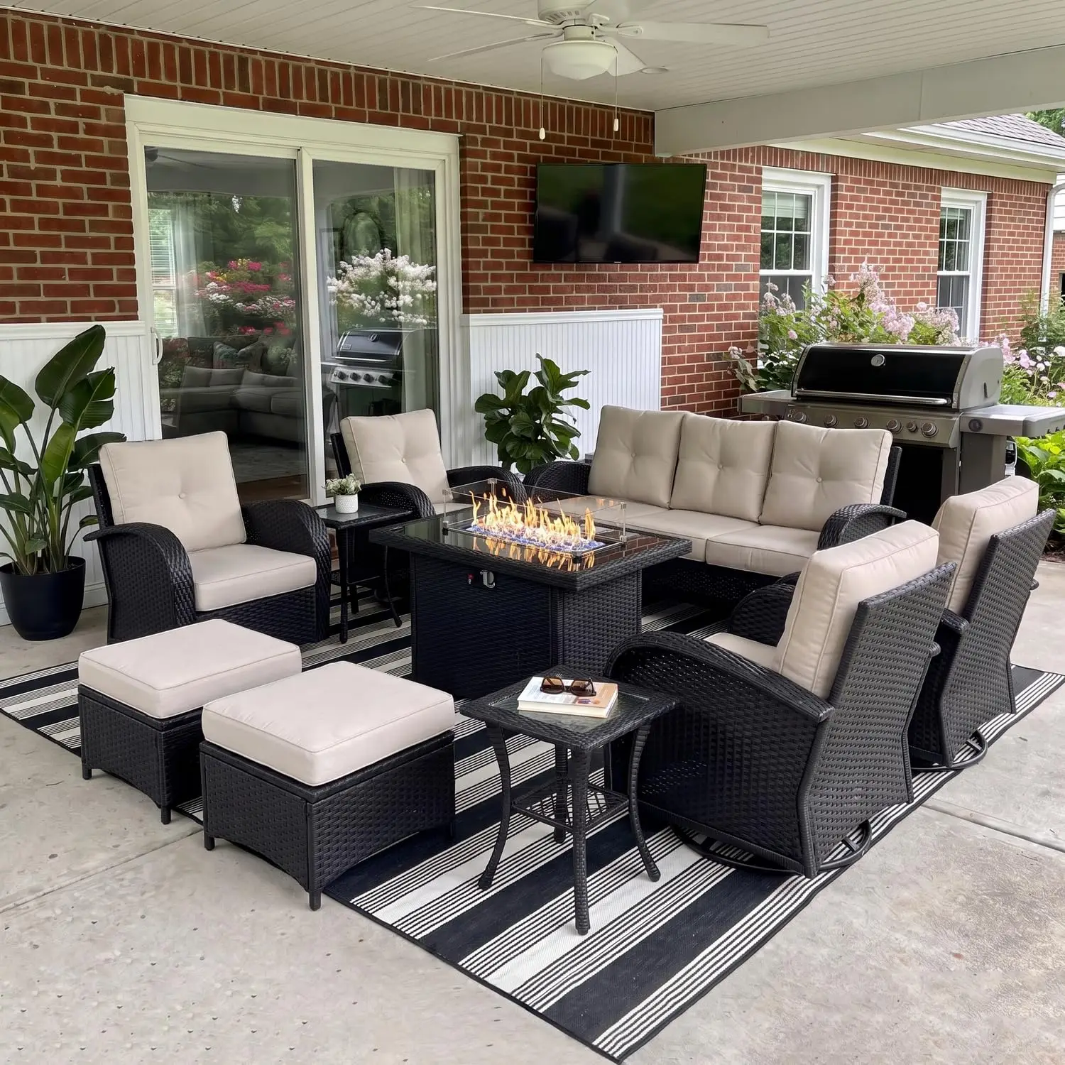 10 Pieces Outdoor Patio Furniture Set with Fire Pit Table, Customized