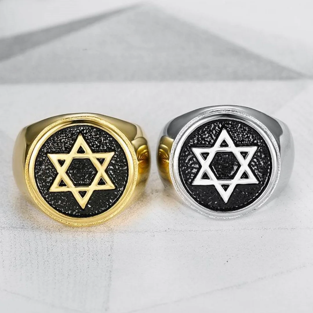 Religious Jewish Star of David Round Ring Gold Silver Color Titanium Stainless Steel Hexagram Symbol Rings for Woman Man Jewelry