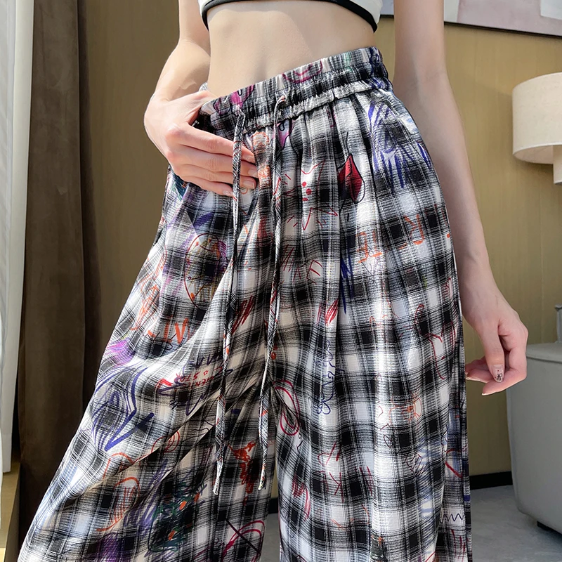 American street hand-painted graffiti pants, women's summer loose straight leg pants, personalized printed plaid wide leg pants