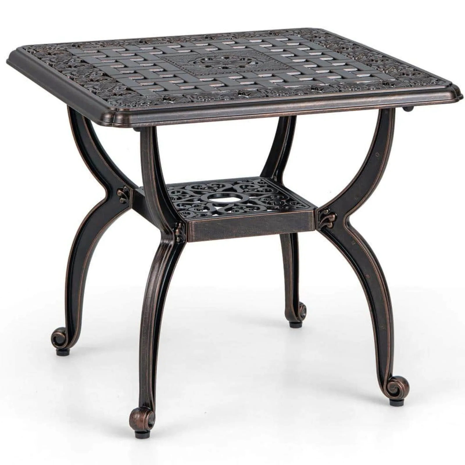 

US 21 in. Cast Aluminum Outdoor Side Table Patio Square Coffee Table w/Storage Shelf