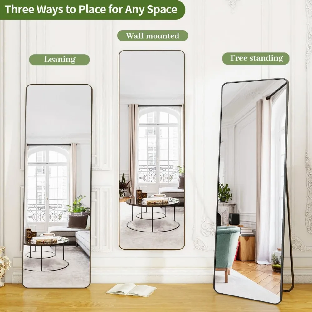 Full Length Mirror with Rounded Corners - Standing or Leaning Metal Framed Floor Mirror for Living Rooms and Bedrooms