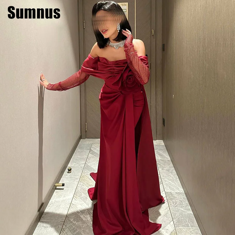

Sumnus Elegant Mermaid Prom Dress Off Shoulder Flower Floor Length Evening Dresses With Train فساتين سهرة Customized
