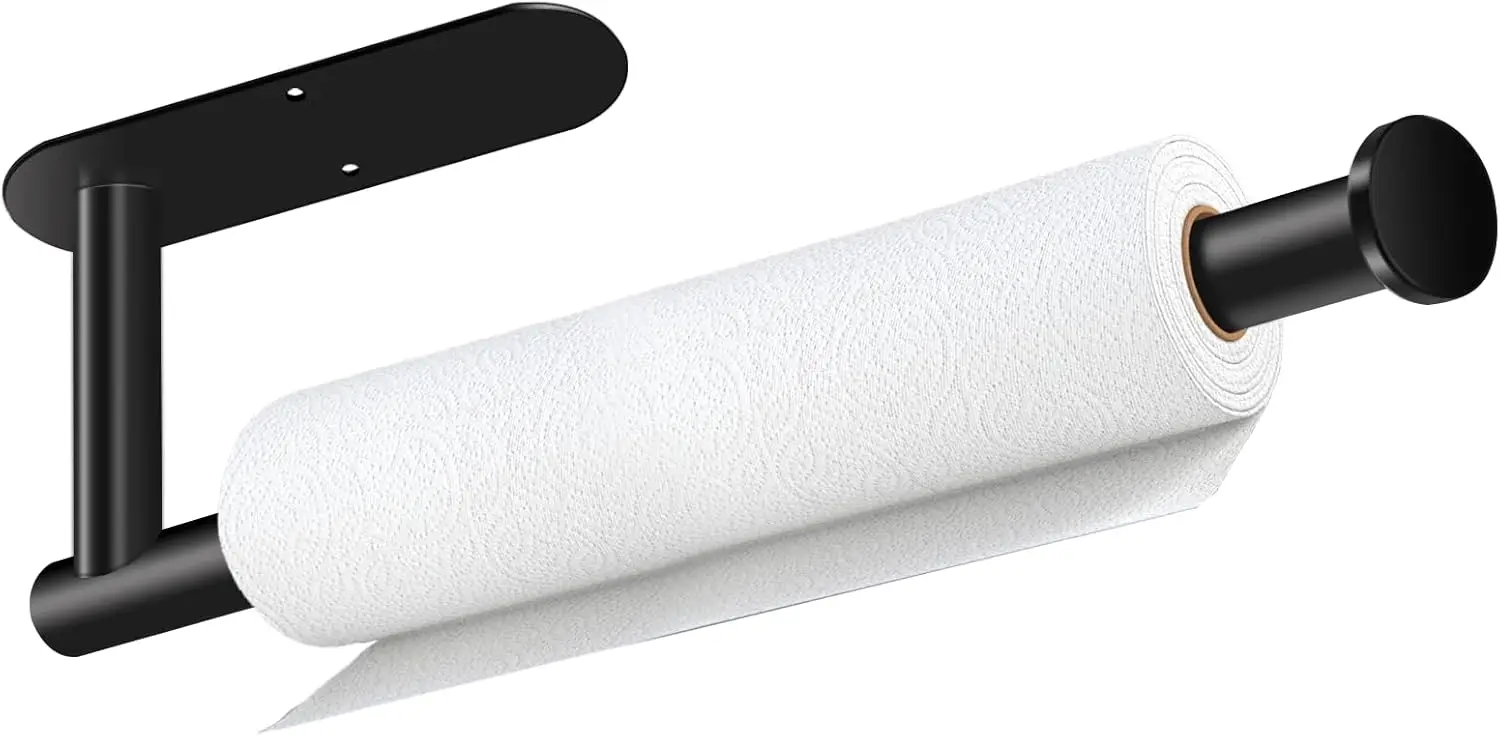 

Stainless Steel Black Paper Towel Holder, Self Adhesive or Drilling, Under Cabinet Wall Mount for Kitchen Bathroom Sink Pantry Fridge