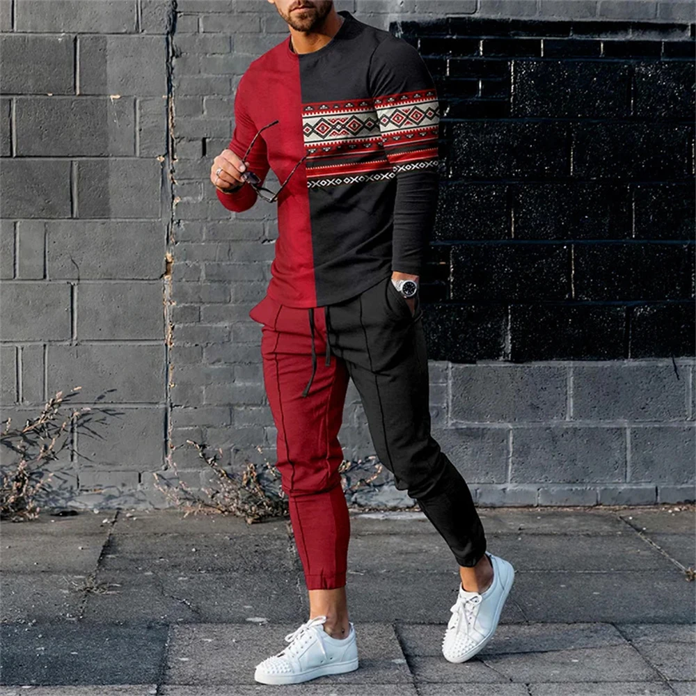 Autumn Vintage Ethnic Style 3D Print Men's Sportswear 2PCS Set Long-Sleeved T Shirt Pants 2-Piece Set Oversize Pullover Men Suit