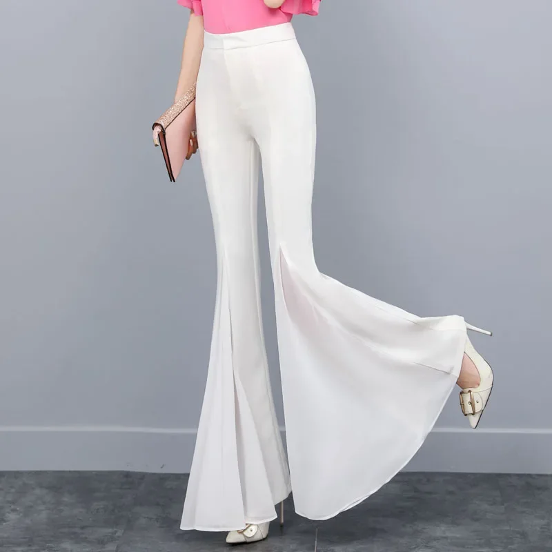 

Ladies Chic Chiffon Split Hem Bell-bottoms Pants Women Clothing Girls High Waist Trousers Female Streetwear Clothes Py9822