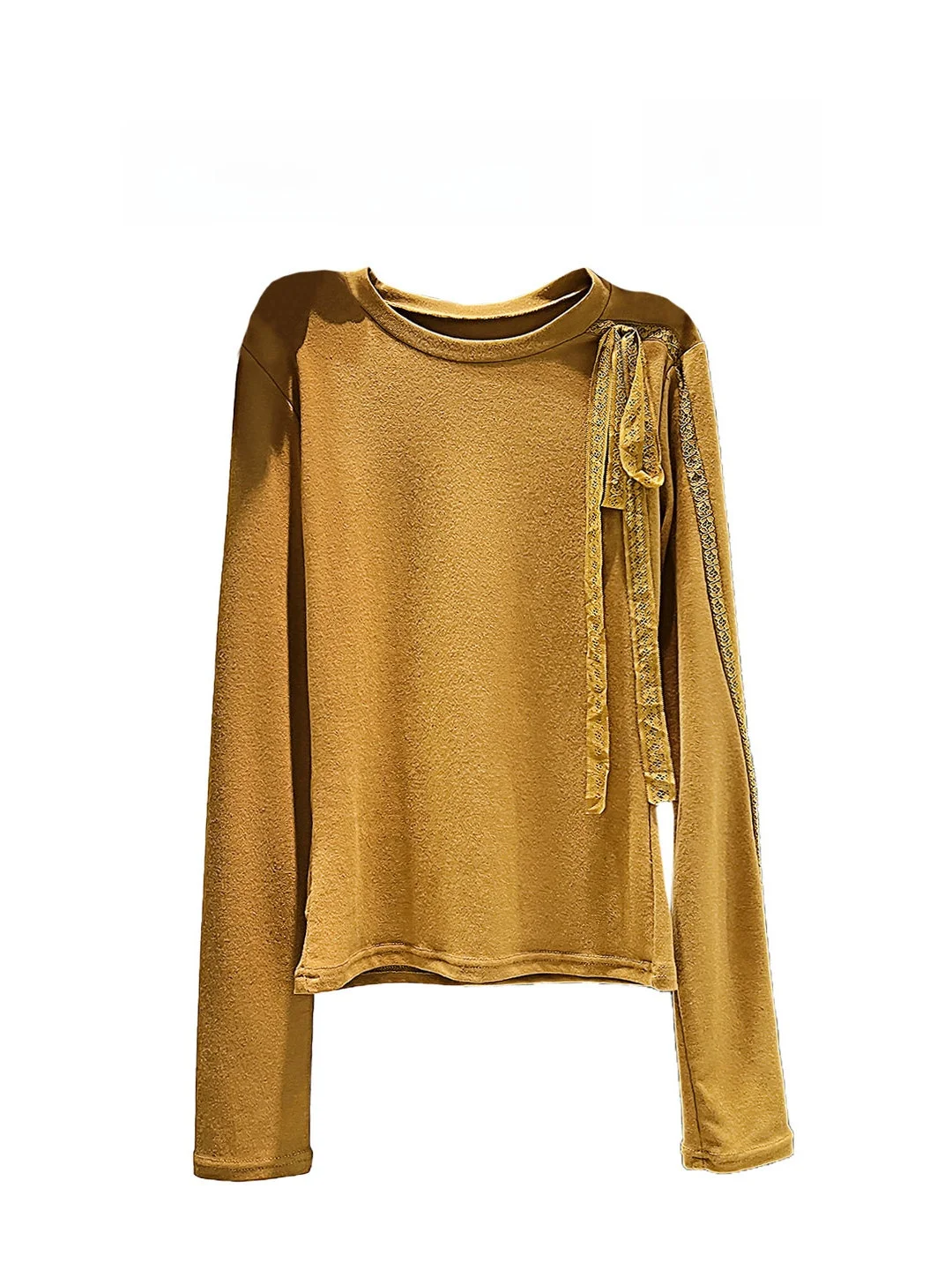 

Ele Long Sve Women's T-irt Lace Trim Slim Fit Base Layer Top Ele Sle round Ne Regular Thin Pure Color