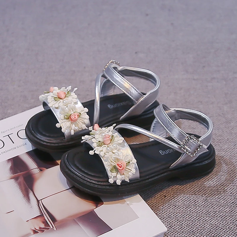 Girls Princess Sandals Sweet Flowers Kids Beach Shoes Open Toes Soft Bottom 2026 Summer New Children Casual Sandals Non-slip
