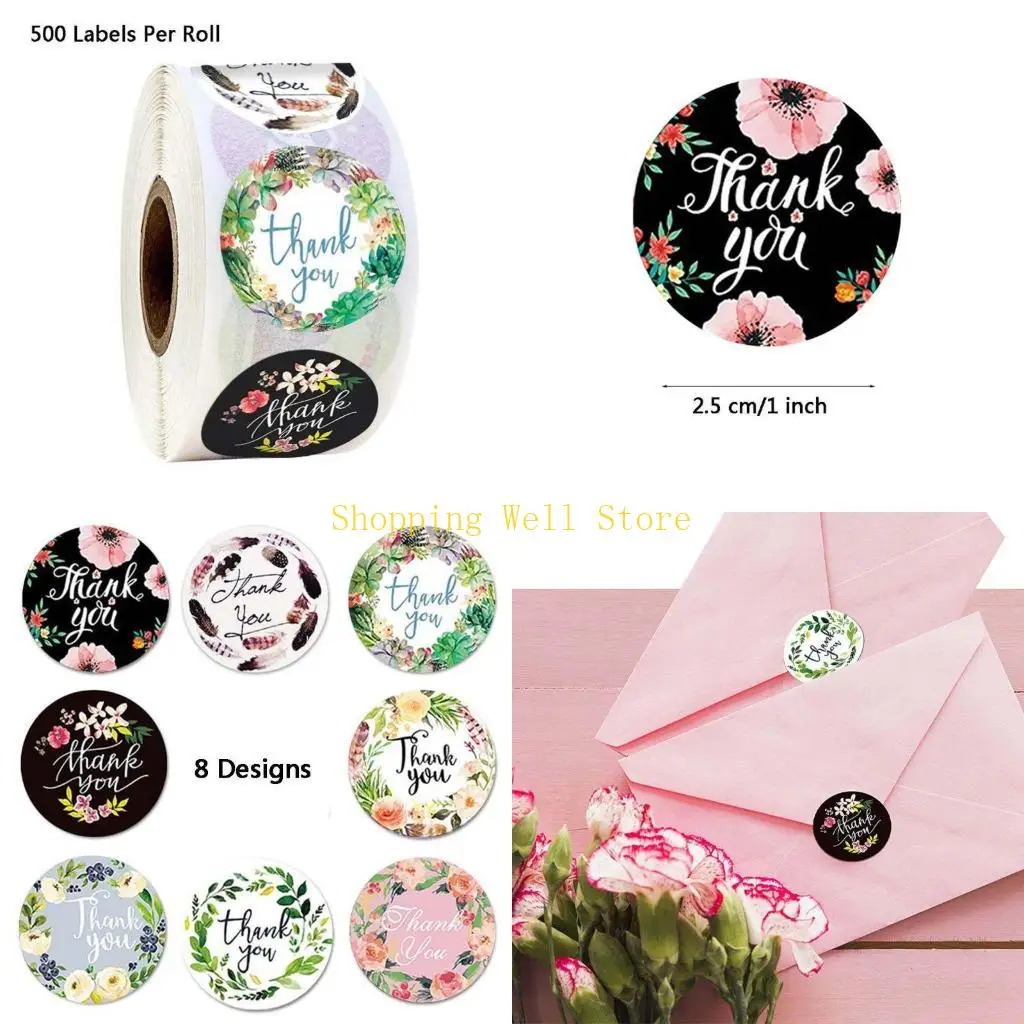 KX4B 500Counts Flower Thanks You Sticker 25mm Adhesive Packaging Labels Thanks You Labels Seal Sticker for Journal Notebook