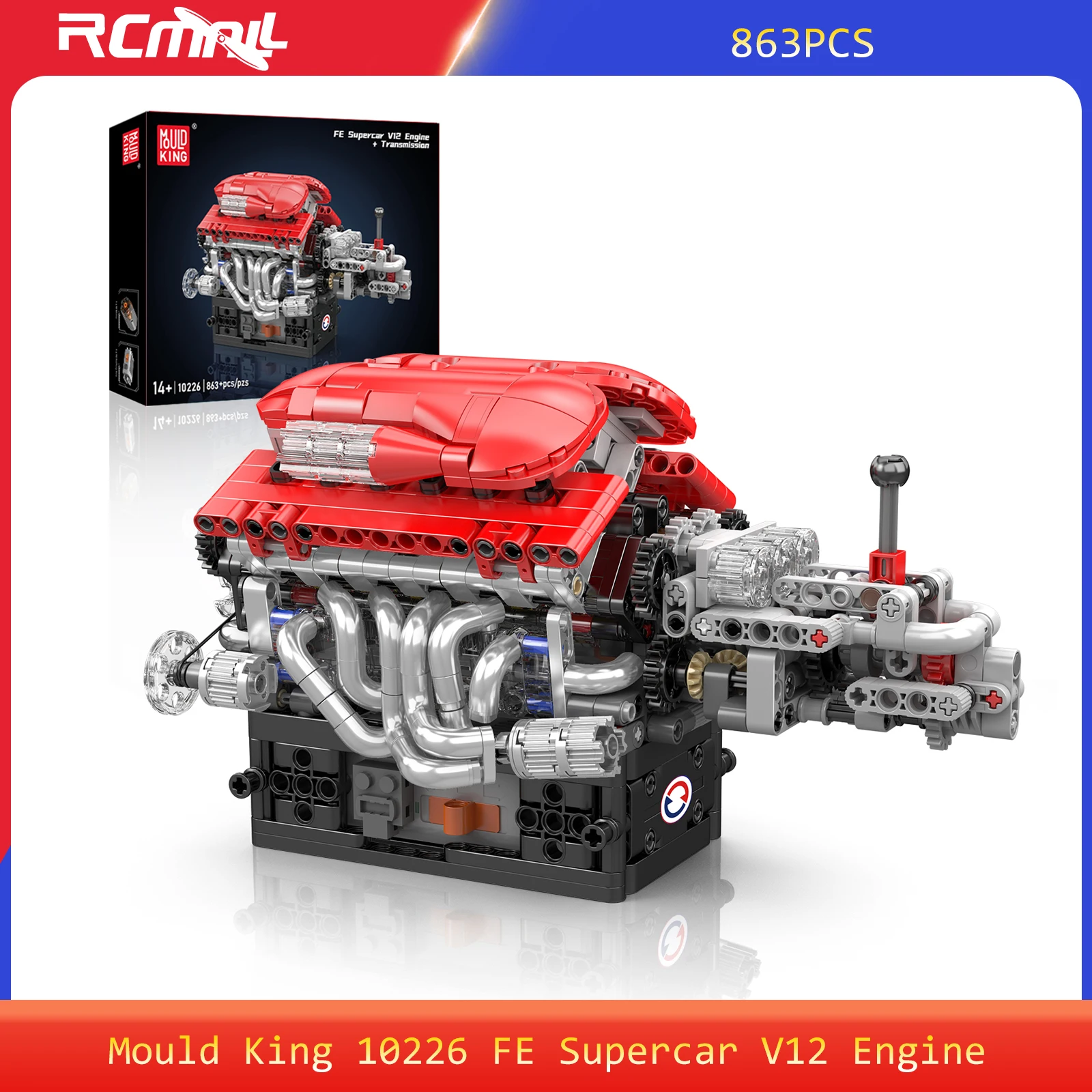 Mould King 10226 FE Supercar V12 Engine Model Motorized Simulation Model Electrically Drive Car Parts 863PCS for Car Enthusiasts