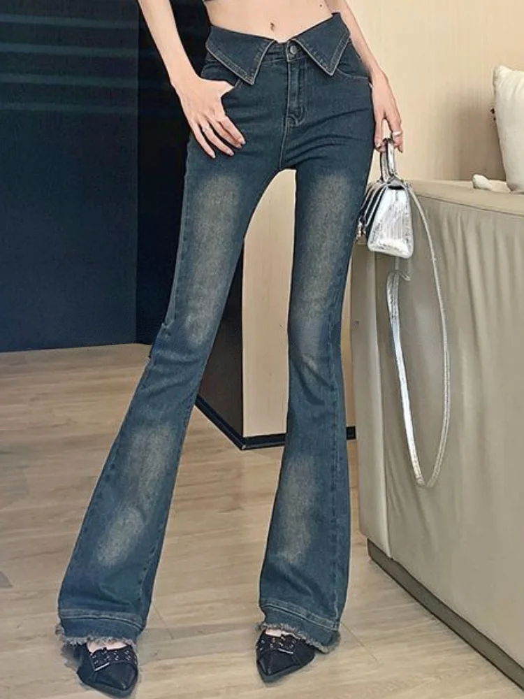

Autumn Vintage Fashion Flare Pants Women Pockets Designer Elegant Denim Pants Female High Waist Korean Casual Pants 2023 New