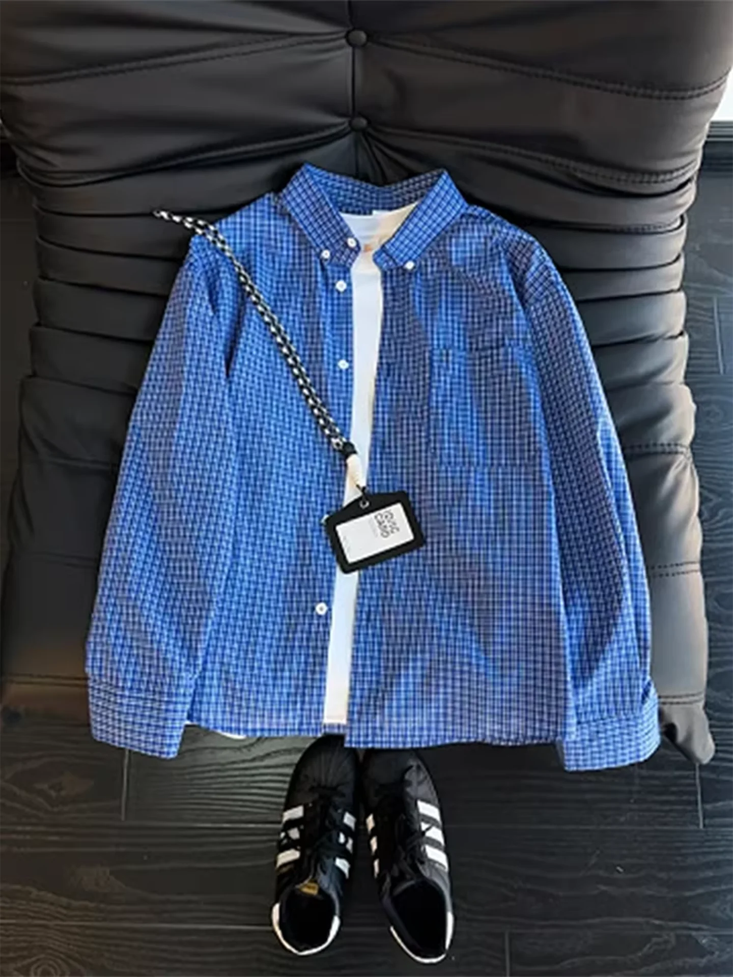 

Blue Plaid Long Sleeve Men's Shirt Spring Autumn Lazy Style Layered Wear Stand Collar Coat Cleanfit High End Feeling Loose Fit