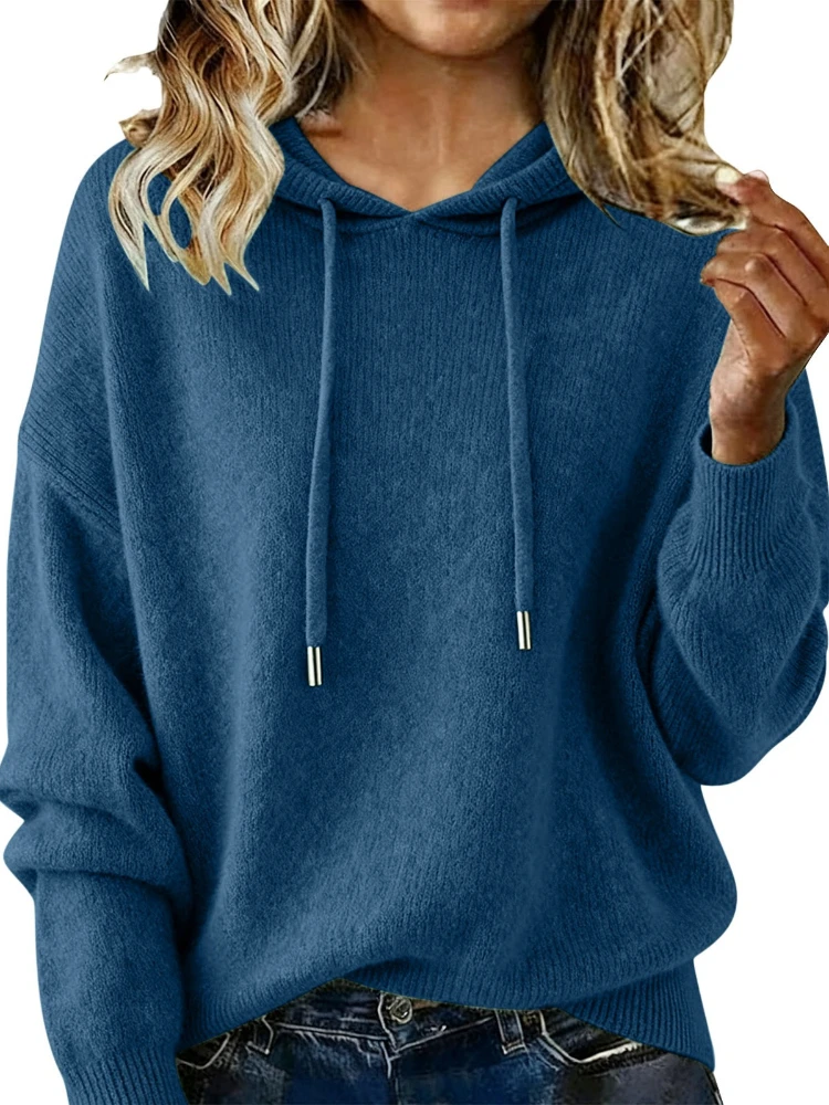 New Autumn Loose and Comfortable Casual Women's Hooded Drawstring Sweater Solid Color Long Sleeved  Pullover Top