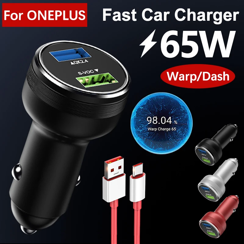 For Oneplus 65W Car Charger 30W Warp Dash Charge Dual USB Fast Charging Car Phone Adapter For One Plus 10 9 Pro 9R 8T 7 6 Nord 2