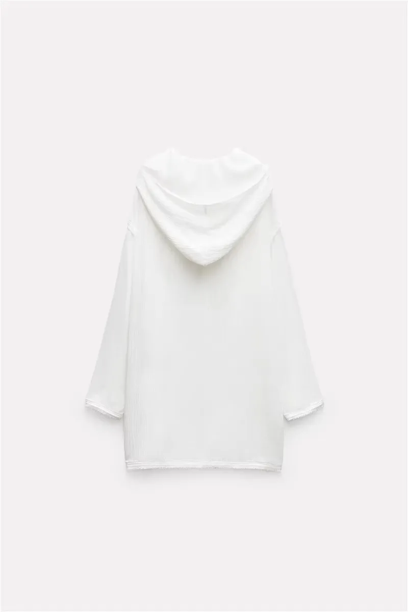 

Loose Women's Casual irt with Hat Bowknot Belted Fringed Mid-Length Long Sve Hooded Pure Color Faion Versatile 2024