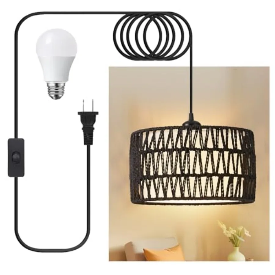 

Подвесной светильник с проводом, плетеный из ротанга и ткани, 2-в-1, для спальни